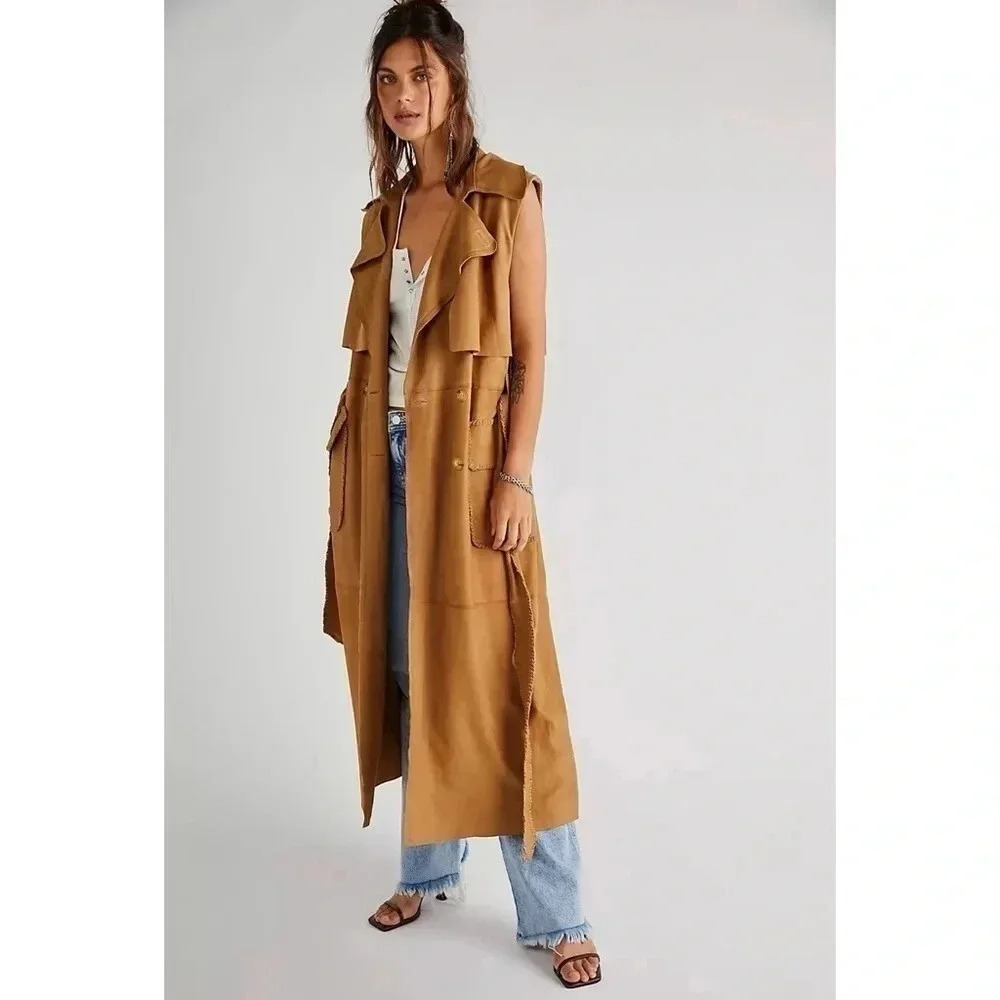 New Free People Marseille Suede Leather Long trench jacket Brown Medium